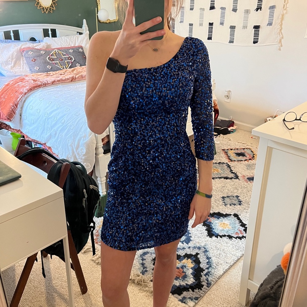 One-Shoulder Sequin Dress in Navy Blue